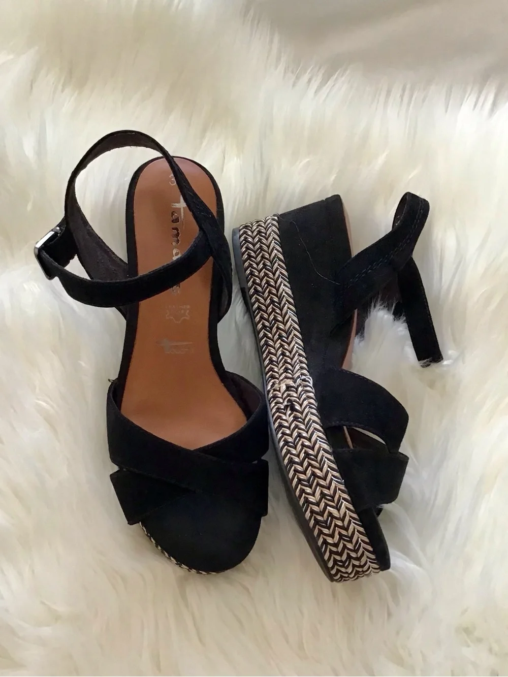 Tamari’s Black Suede Cross-Strap Wedge Sandals